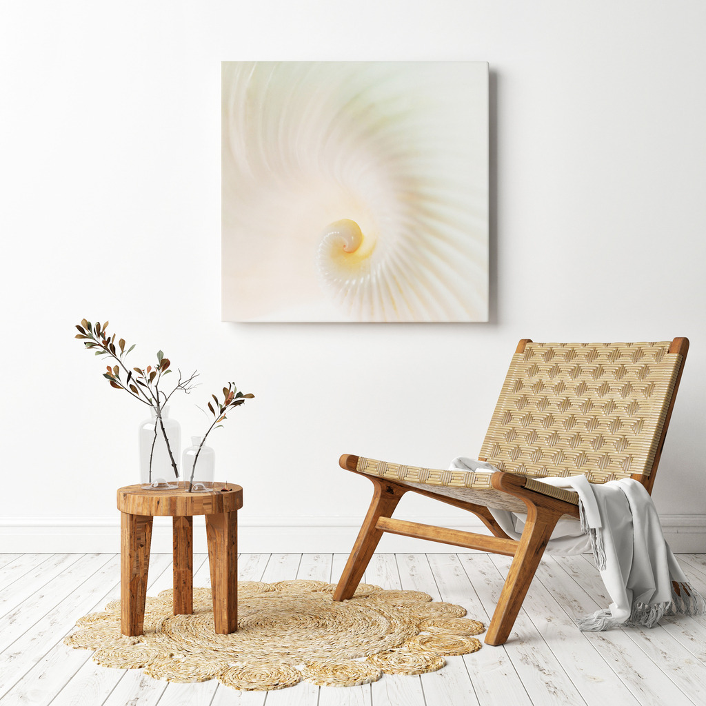 Muschelspirale in weiß | Anwendungsbeispiel für die Gestaltung Ihres Schlafbereichs. Sie finden dieses Motiv in der Galerie Fotokunst im Quadrat (https://shop.soulimages.eu/img/4uy6cl). - Realisiert mit Pictrs.com