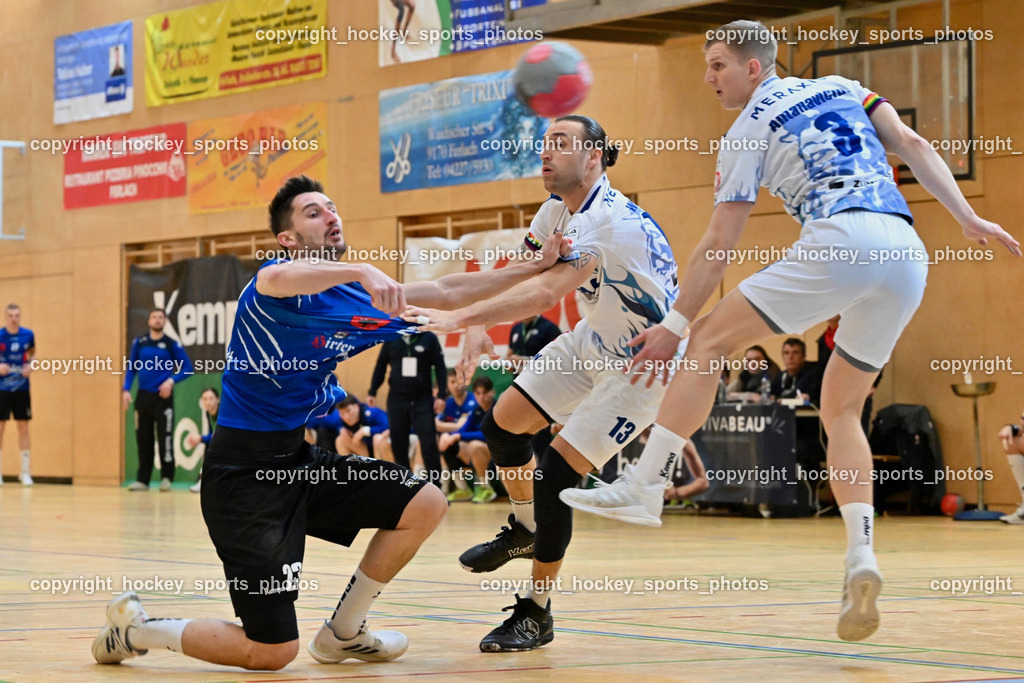 SC Ferlach vs. ALPLA HC Hard 2.3.2024 | #23 KOCBEK Jure SC Ferlach, #13 WÜSTNER Frederic HC Hard, #3 Antanavicius Karolis HC Hard, SC Ferlach vs. ALPLA HC Hard 2.3.2024, SC Ferlach vs. ALPLA HC Hard am 02.03.2024 in Ferlach (Ballspielhalle Ferlach), Austria, (Photo by Bernd Stefan)