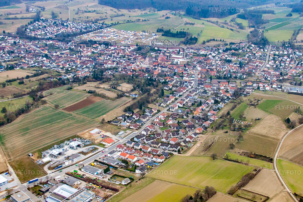 Luftbild: Ortsansicht von Nordosten im Ortsteil Jöhlingen in Walzbachtal im Bundesland Baden-Württemberg in Deutschland. Foto: IMG_38298.jpg vom 12.03.2011 durch Werner Riehm/FLY-FOTO.de