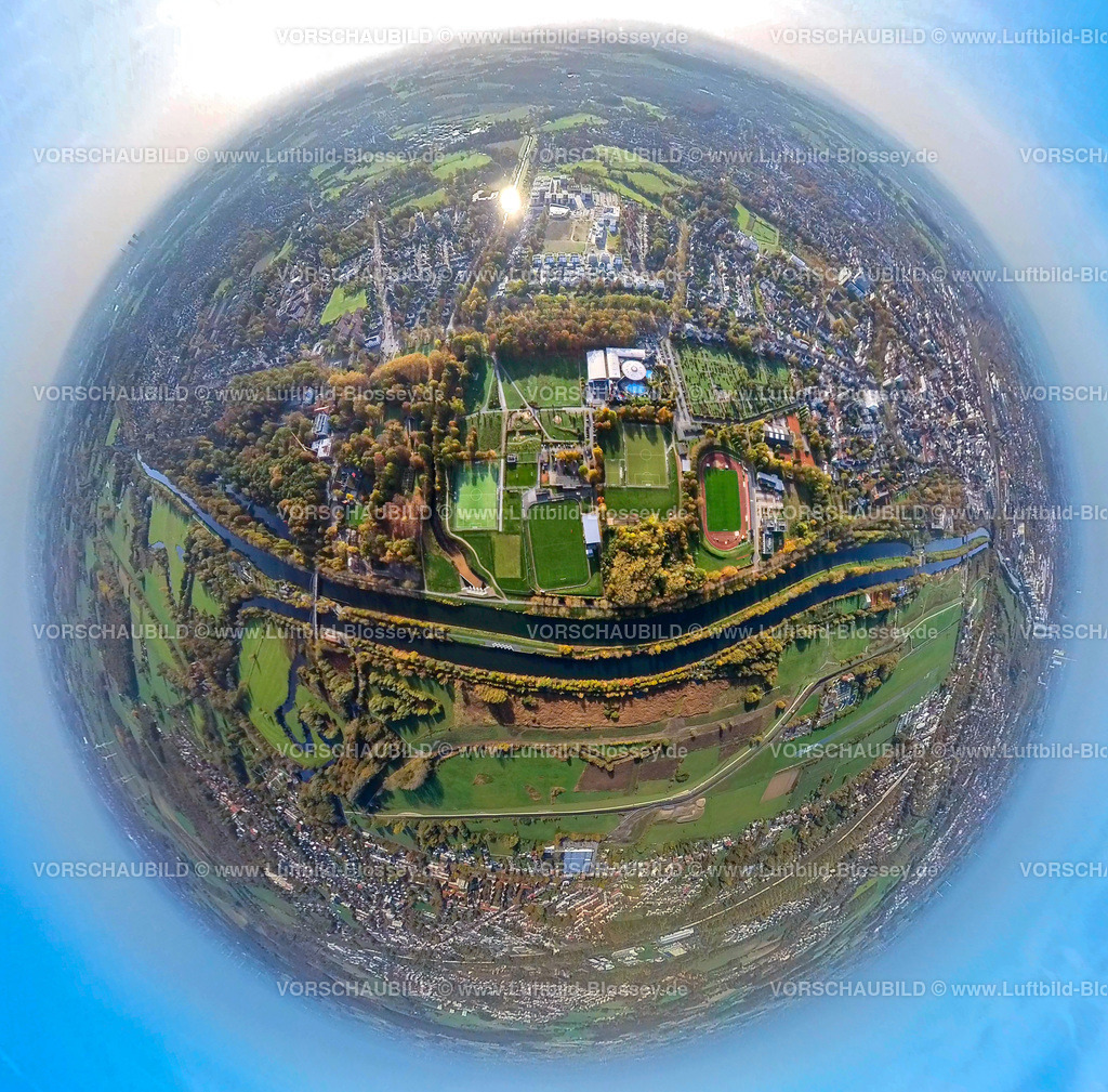 Hamm20221020_04_SportparkAmMaximare | Luftbild, Sportpark Hamm-Ost am Maximare, Fluss Lippe, Datteln-Hamm-Kanal, Fisheye Aufnahme, Fischaugen Aufnahme, 360 Grad Aufnahme, Hamm, Ruhrgebiet, Nordrhein-Westfalen, Deutschland