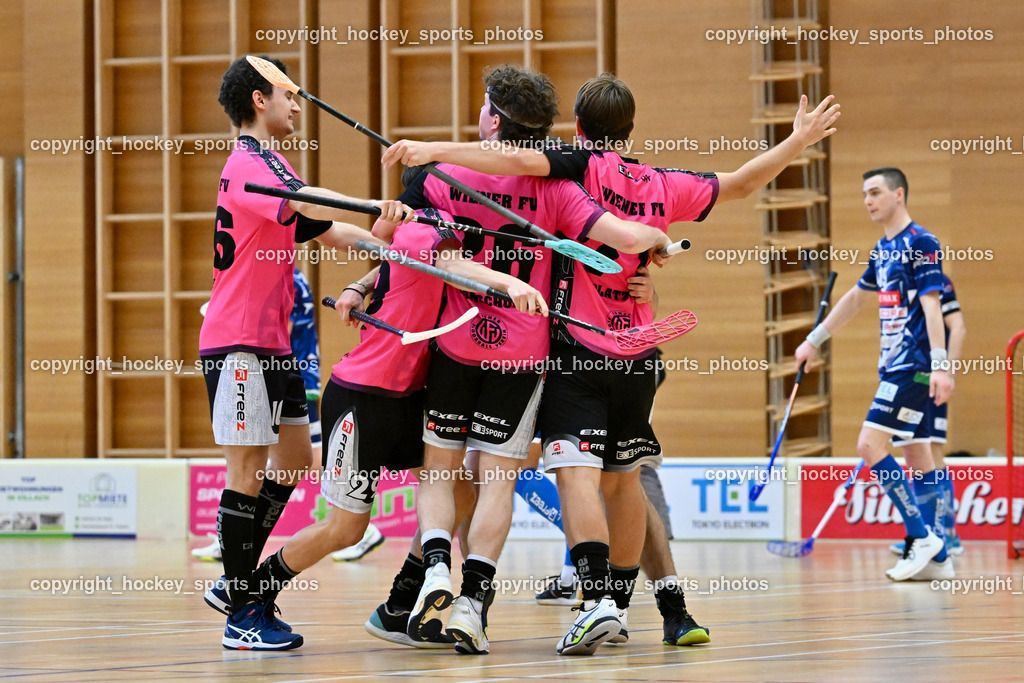 VSV Unihockey vs. Wiener Floorballferein 6.4.2024 | Jubel Wiener Floorballverein, VSV Unihockey vs. Wiener Floorballferein 6.4.2024, VSV Unihockey vs. Wiener Floorballferein  am 06.04.2024 in Villach (Ballspielhalle St. Martin), Austria, (Photo by Bernd Stefan)