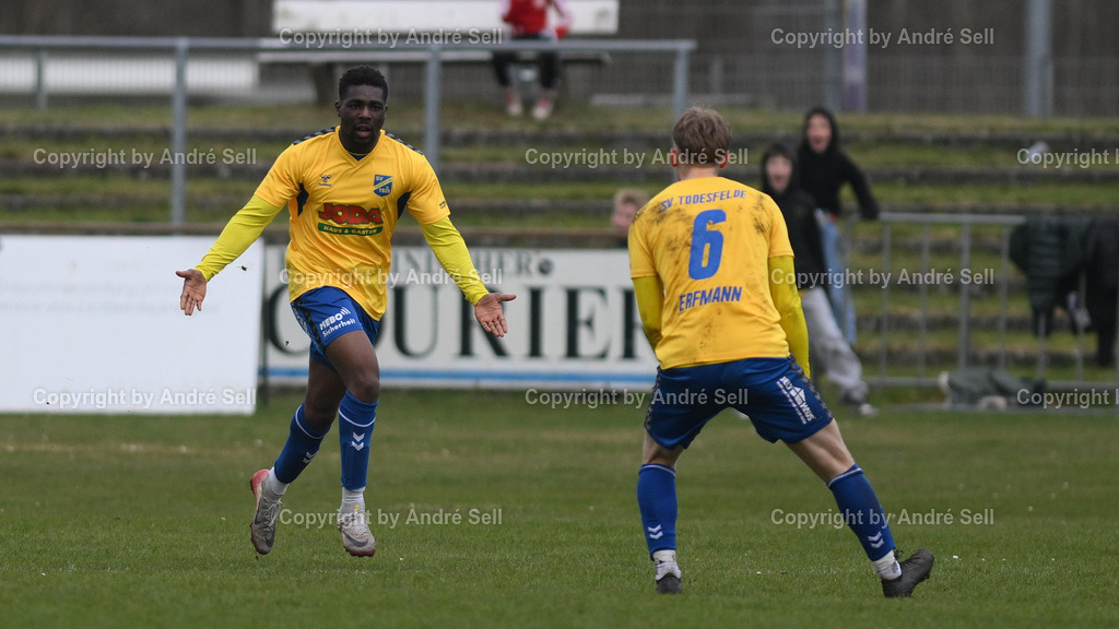 VfR Neumünster vs SV Todesfelde | Perry Dodoo (Todesfelde #7) läuft nach seinem Treffer zum 2-2 in der 88. Minute jubeld auf Pawel Erfmann (Todesfelde #6) zu / Fußball-Oberliga Männer 2025/2026 / VfR Neumünster vs SV Todesfelde / VfR Stadion / Neumünster / 15.03.26 - Realisiert mit Pictrs.com