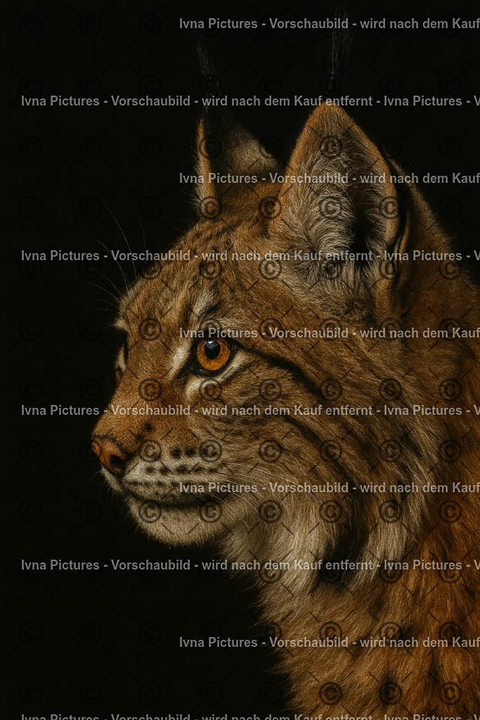Luchs im Schatten | Ein Luchs von der Seite mit markantem Kopf und Vorderkörper hebt sich vor schwarzem Hintergrund ab. Die durchdringenden Augen stechen hervor und verleihen dem Bild Wildheit und Faszination. - Realisiert mit Pictrs.com