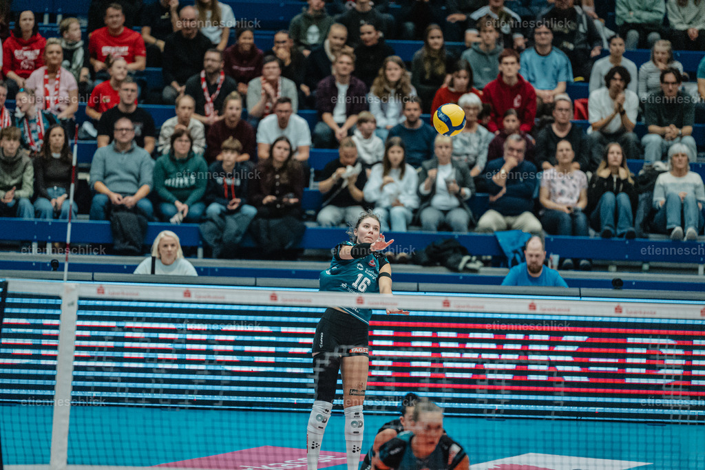 Dresdner SC - Binder Blaubären TSV Flacht, DEKRA 1. Bundesliga Frauen, Volleyball | Im Bild: Aufschalg Morgan Geddes (16, Dresdner SC)24.10.2026, Dresdner SC -  Binder Blaubären TSV Flacht, DEKRA 1. Bundesliga Frauen, Volleyball, Deutschland, Dresden, Cyberport Arena