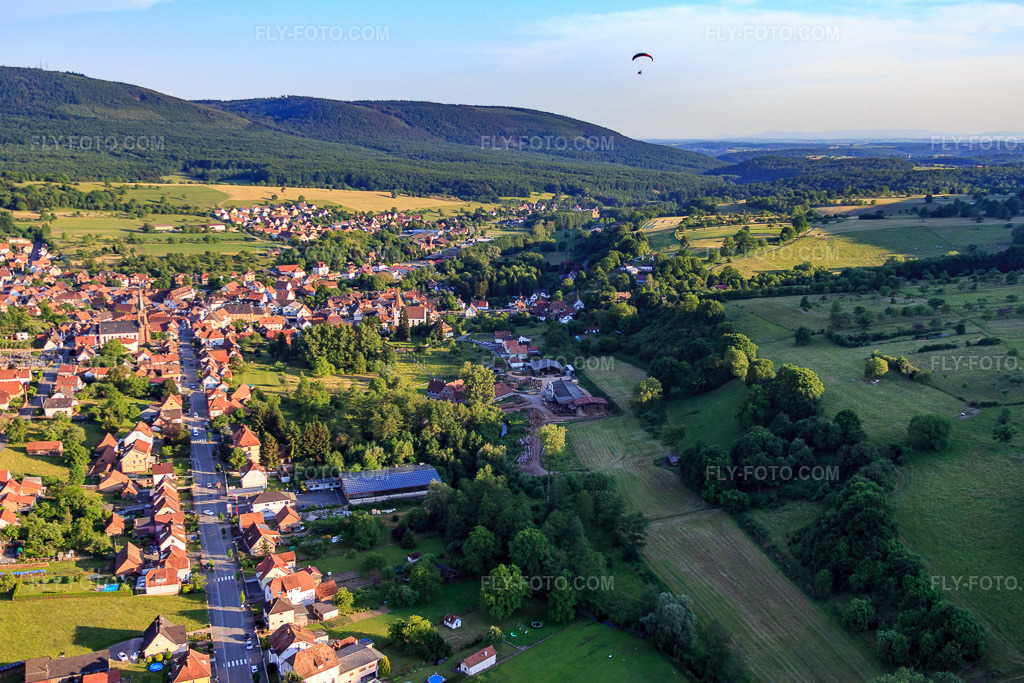 Aerial view: Route de Bitche from the north in Lembach in the state Bas-Rhin, France.Photo: IMG_080275.jpg taken on 06/05/2015 by Werner Riehm/FLY-FOTO.comResolution of the original: 4663 x 3109 px