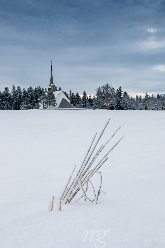 romantische Kirche Wützbrunnen im winterlichen Emmental mit gefrorenem Grashalm | Die ideale Geschenkidee für Naturliebhaber. Naturbilder von Marcel Gross Photography für ihr Zuhause in den verschiedensten Formaten und Materialien. - Realisiert mit Pictrs.com
