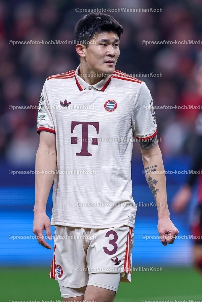 UCL11032502293 | 11.03.2025, Fußball, UEFA Champions League, Bayer 04 Leverkusen - FC Bayern München, Achtelfinale Rückspiel, BayArena, Saison 2024 2025: Min-jae Kim (FC Bayern #3)DFB regulations prohibit any use of photographs as image sequences and or quasi-video.