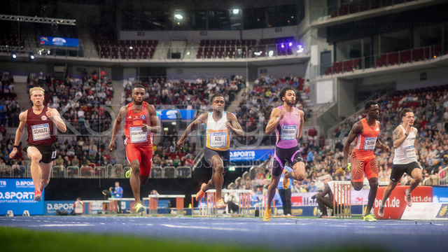 ISTAF Indoor; Duesseldorf, 24.01.2026 | DUESSELDORF, GERMANY - JANUARY 24:  60m - Marvin Schulte (GER), Lucas Ansah-Peprah (GER), Joshua Hartmann (GER), Taymir Burnet (NED), Emilio Gonzalez Rudolph (GER) during the ISTAF Indoor Dusseldorf at PSD Bank Dome on January 24, 2026 in Duesseldorf, Germany. 
