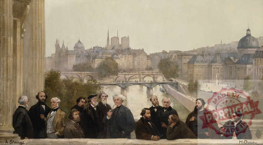 Parisian artists and writers gathering on balcony overlooking Seine. Henri Rousseau | Group of men standing on a balcony, observing the Seine River and Notre-Dame - Realized with Pictrs.com
