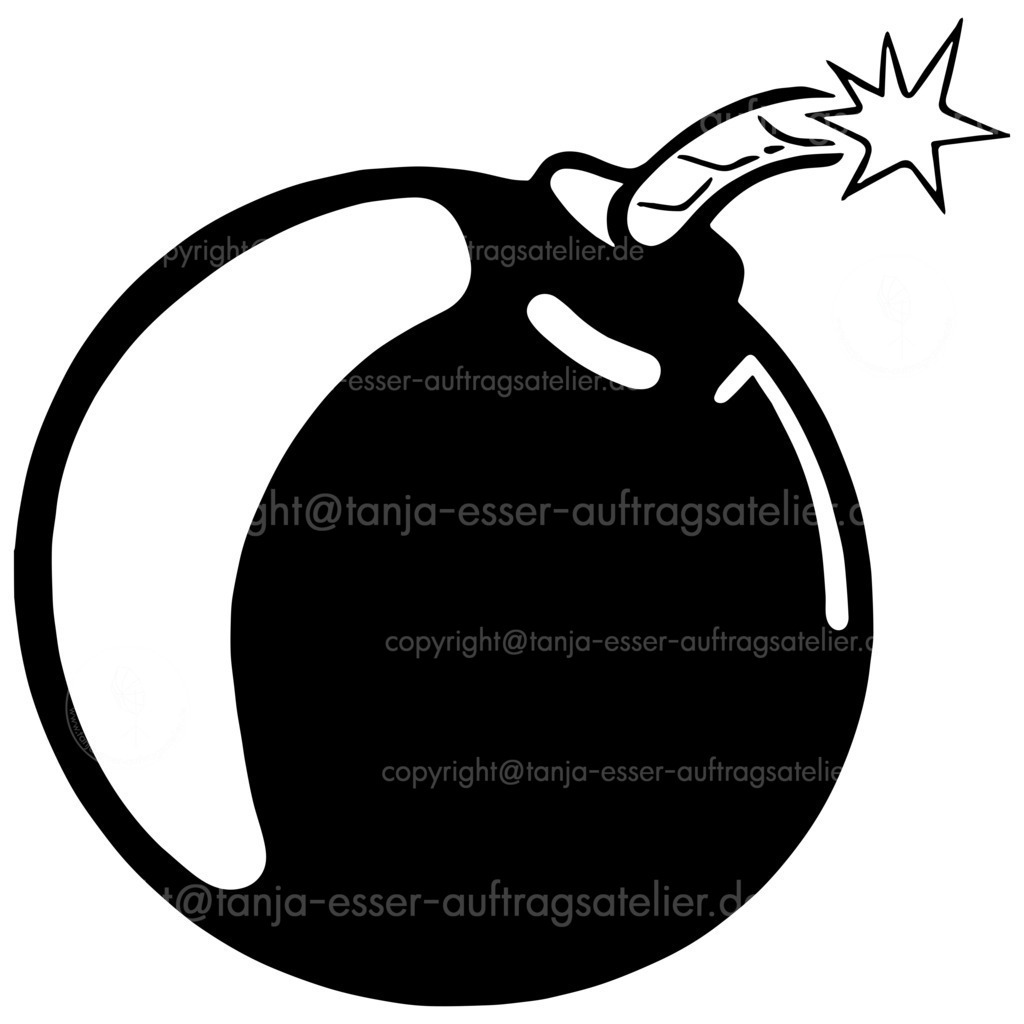 Bombe D | Bombe mit brennender Lunte. Schwarzes Icon vor weißem Hintergrund. 