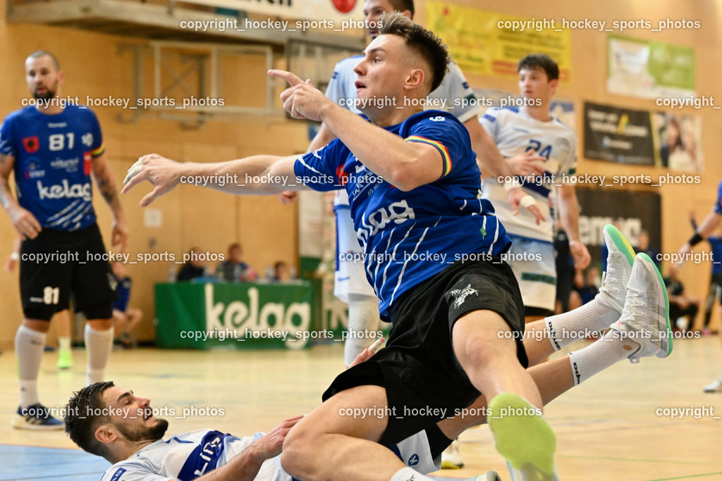 SC Ferlach vs. HC Linz AG 11.10.2023 | #39 HAMZIC Arnad HC LINZ, #35 JURANIC Jura Egon SC Ferlach, SC Ferlach vs. HC Linz AG 11.10.2023, SC Ferlach vs. HC Linz AG am 11.10.2023 in Ferlach (Ballspielhalle Ferlach), Austria, (Photo by Bernd Stefan)