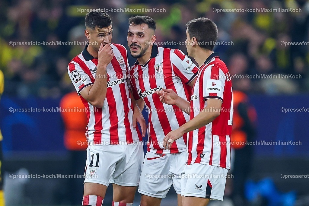 UCL01102501111 | 01.10.2025, Fußball, UEFA Champions League, Borussia Dortmund - Athletic Club Bilbao, BVB Stadion, 2. Spieltag, Saison 2025 2026: Torjubel nach dem Tor zum 1:2 durch Torschütze Gorka Guruzeta (Bilbao #11)  zusammen mit  Inigo Ruiz de Galarreta (Bilbao #16) und Aitor Paredes (Bilbao #04) Regulations prohibit any use of photographs as image sequences and or quasi-video.