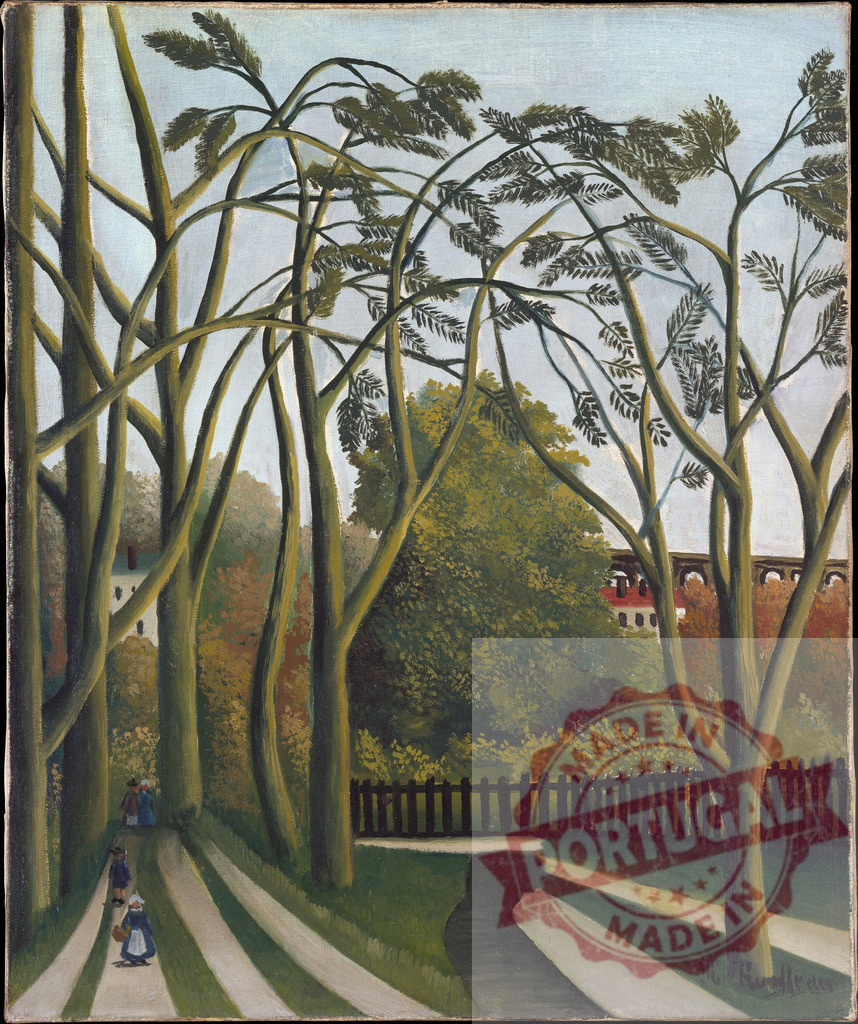 Henri Rousseau art park landscape with people walking. Henri Rousseau | Henri Rousseau painting depicting people walking on paths in a park with trees and a viaduct - Realisiert mit Pictrs.com