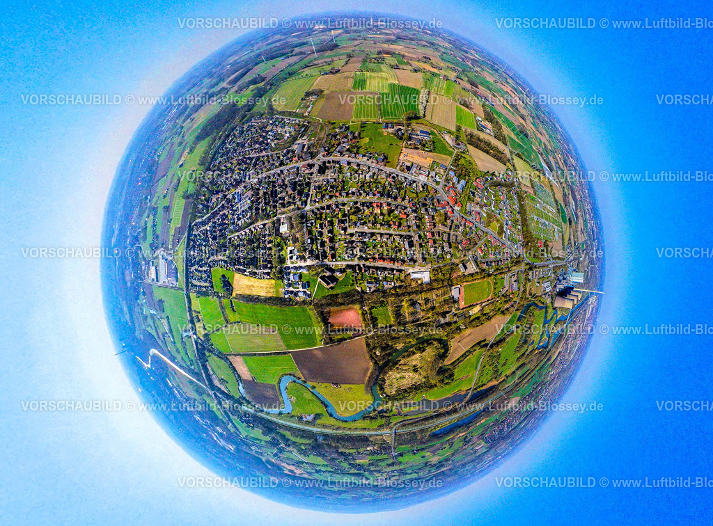 Werne250490002Stockum | Luftbild, Wohngebiet Ortsansicht Werne-Stockum, Erdkugel, Fisheye Aufnahme, Fischaugen Aufnahme, 360 Grad Aufnahme, tiny world, little planet, fisheye Bild, , Werne, Ruhrgebiet, Nordrhein-Westfalen, Deutschland