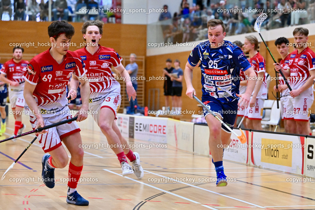 VSV Unihockey vs. KAC Floorball | #69 Nikita Münch KAC Floorball, #93 Marcel Gappmayer KAC Floorball, #25 Jan Blazic VSV Unihockey, VSV Unihockey vs. KAC Floorball, VSV Unihockey vs. KAC Floorball am 12.04.2025 in Villach (Ballspielhalle St. Martin), Austria, (Photo by Bernd Stefan)