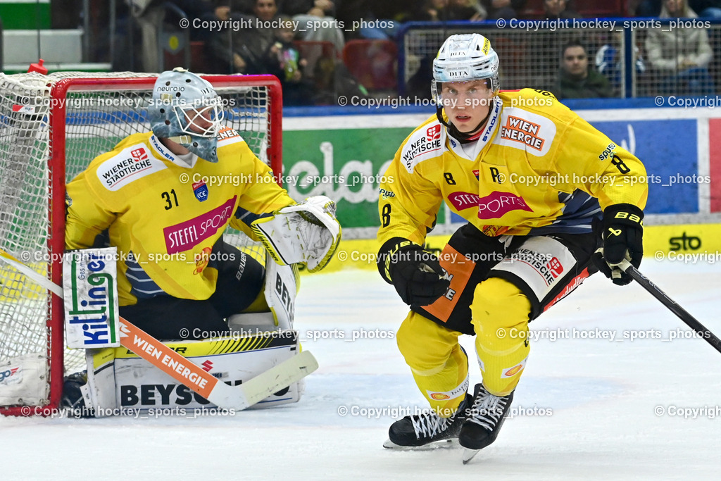 EC IDM WÄRMEPUMPEN VSV vs. Vienna Capitals | #31 Evan Cowley Vienna Capitals, #8 Nelson Nogier Vienna Capitals, EC IDM WÄRMEPUMPEN VSV vs. Vienna Capitals, EC IDM WÄRMEPUMPEN VSV vs. Vienna Capitals am 16.11.2025 in Villach (Stadthalle Villach), Austria, (Photo by Bernd Stefan)
