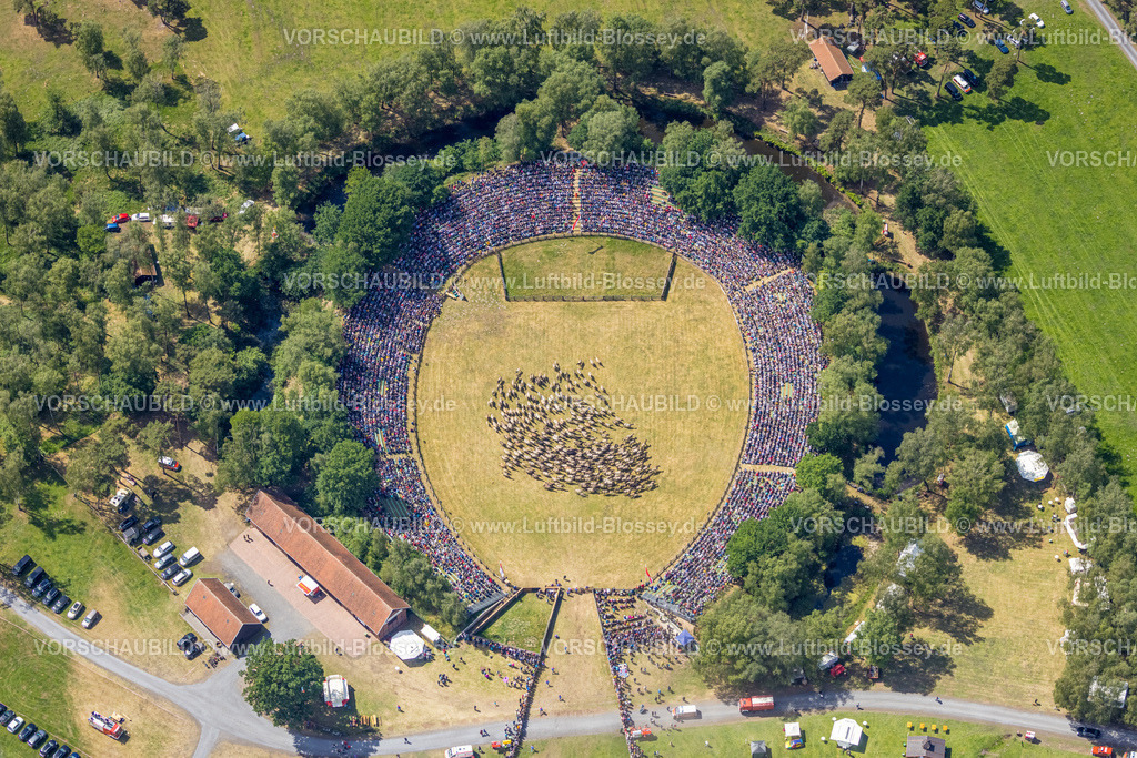 Duelmen220505106MerfelderBruchPferde | Luftbild, Wildpferdefang im Merfelder Bruch bei Dülmen, Arena der Wildpferdebahn, Herzöge von Croÿ Anwesen, Pferdeherde,  Merfeld, Dülmen, Münsterland, Nordrhein-Westfalen, Deutschland