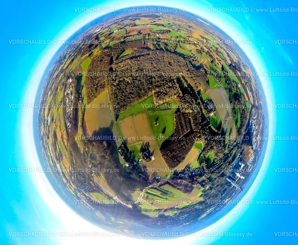 Gladbeck240190213MoellersBruch | Luftbild, Naturschutzgebiet Möllers Bruch Wiesen und Felder mit Waldgebiet, Erdkugel, Fisheye Aufnahme, Fischaugen Aufnahme, 360 Grad Aufnahme, tiny world, little planet, fisheye Bild, Zweckel, Gladbeck, Ruhrgebiet, Nordrhein-Westfalen, Deutschland