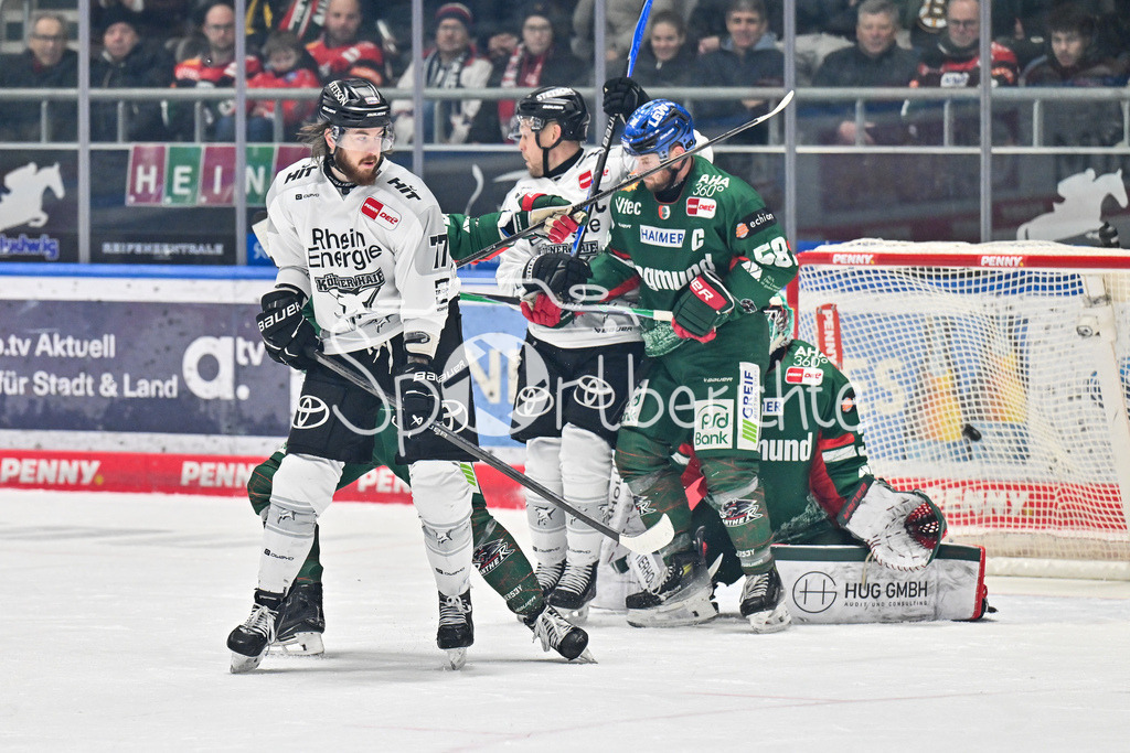 Augsburger Panther - Kölner Haie | AUGSBURG, GERMANY - 11. JANUARY: der Puck schlägt hinter Michael GARTEIG (Augsburger Panther 34 zum 1-1 Ausgleich ein während dem Match zwischen den Augsburger Panthern und den Kölner Haien am 39. Spieltag der penny DEL im Curt Frenzel Stadion / Tor / Torschuetze / Freude / Happy