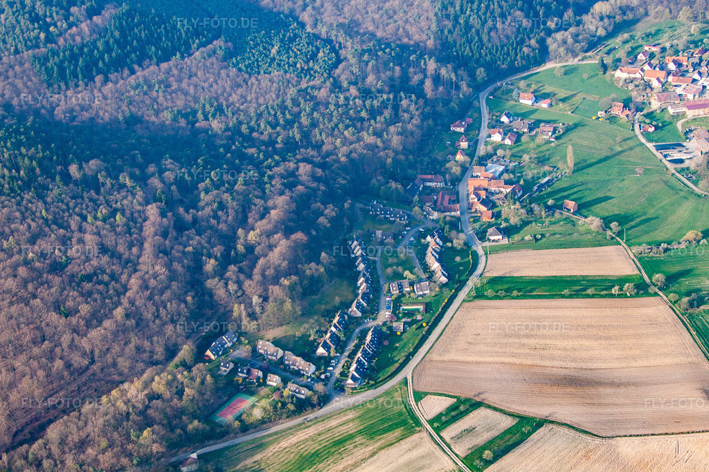 Luftbild: Ferienhausanlage Les Chataigners Pffafenbronn in Lembach im Bundesland Bas-Rhin in Frankreich. Foto: IMG_63671.jpg vom 30.03.2014 durch Werner Riehm/FLY-FOTO.de