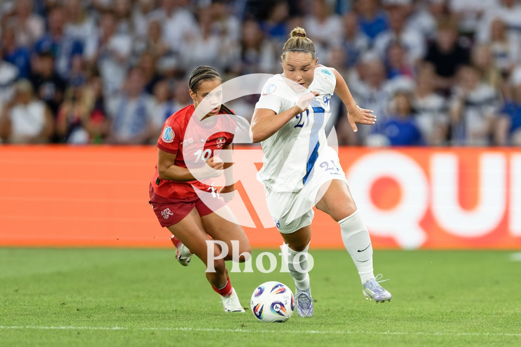 Finland v Switzerland: UEFA Women's EURO 2025 Group A | GENEVA, SWITZERLAND - JULY 10: Oona Sevenius of Finland (R) and Iman Beney of Switzerland (L) fight for possession  during the UEFA Women's EURO 2025 Group A match between Finland and Switzerland at Stade de Geneve on July 10, 2025 in Geneva, Switzerland. (Photo by Giuseppe Velletri/Sports Press Photo/Getty Images)