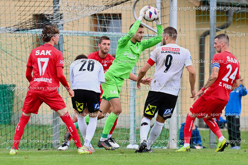 SVG Bleiburg vs. SAK 23.9.2023 | #17 Jan Sasa Ogris-Martic SAK, #28 Al Mahic SVG Bleiburg, #22 Leo Ejup SAK, #1 Kristian Kondic SAK, #9 Adnan Besic (K) SVG Bleiburg, #24 Zoran Vukovic (K) SAK, SVG Bleiburg vs. SAK 23.9.2023, SVG Bleiburg vs. SAK am 23.09.2023 in Bleiburg (Karl Kornberger Stadion), Austria, (Photo by Bernd Stefan)
