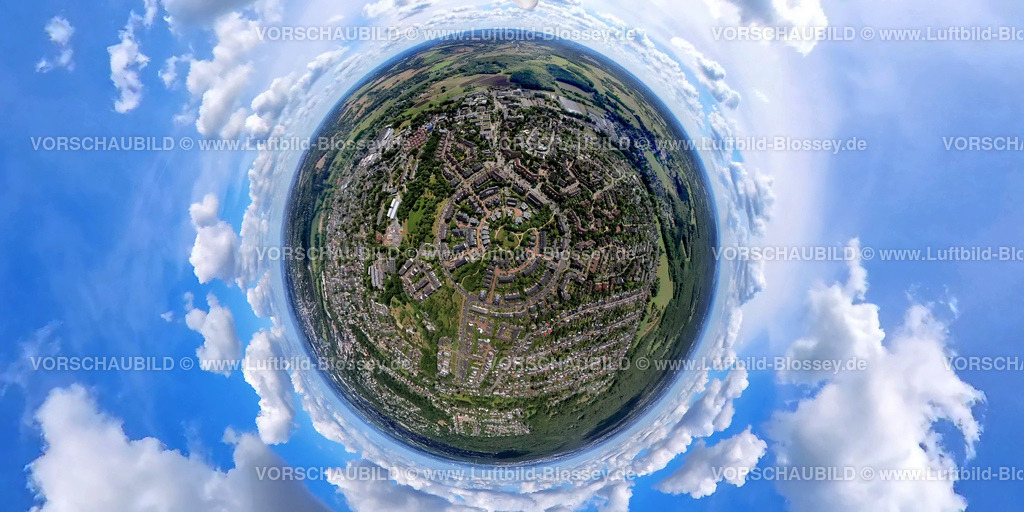 Muelheim20220806_SaarnerKuppe | Luftbild, Saarner Kuppe, kreisförmige Wohnsiedlung, Luxemburger Allee, Fisheye Aufnahme, Fischaugen Aufnahme, 360 Grad Aufnahme, Saarn, Mülheim an der Ruhr, Ruhrgebiet, Nordrhein-Westfalen, Deutschland