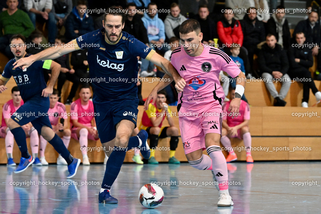 Carinthia Flamengo Futsal Club vs. Futsal Klagenfurt | #2 Nikola Jandric Futsal Klagenfurt, #21 Robert Dimitrov Carinthia Flamengo, Carinthia Flamengo Futsal Club vs. Futsal Klagenfurt, Carinthia Flamengo Futsal Club vs. Futsal Klagenfurt am 01.12.2024 in Klagenfurt (Ballspielhalle Viktring), Austria, (Photo by Bernd Stefan)