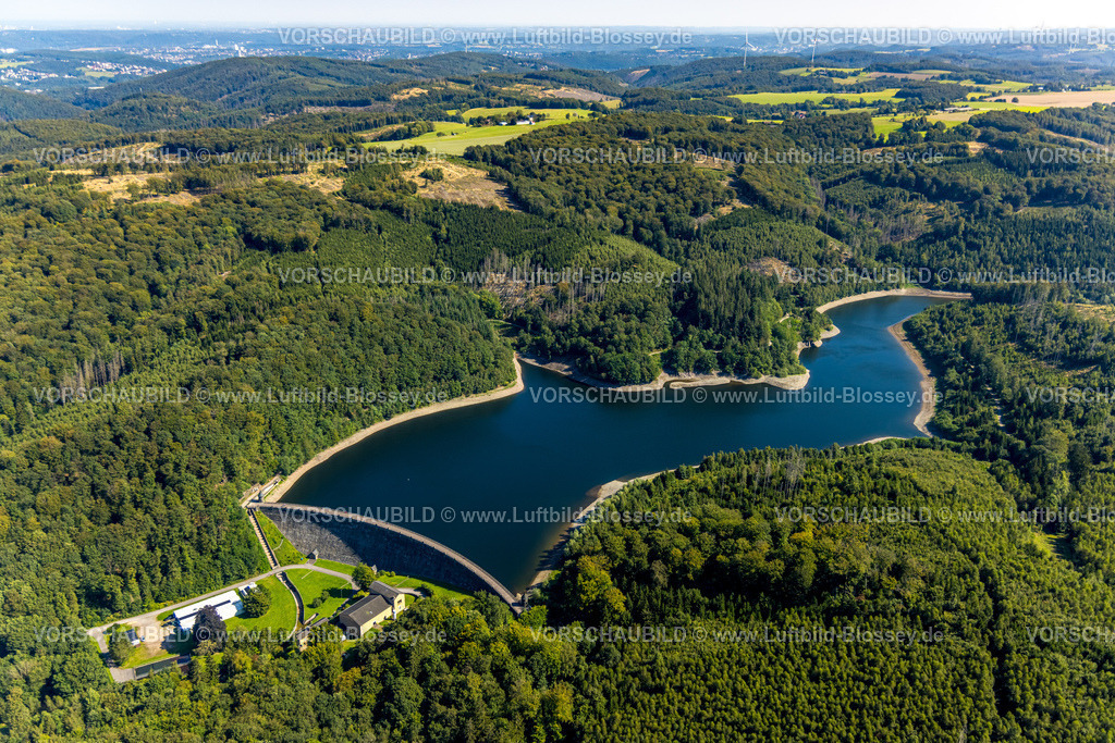 Ennepetal240814492 | Luftbild, Hasper Talsperre und Staumauer im Waldgebiet,  Sehenswürdigkeit, Haspe, Hagen, Ruhrgebiet, Nordrhein-Westfalen, Deutschland