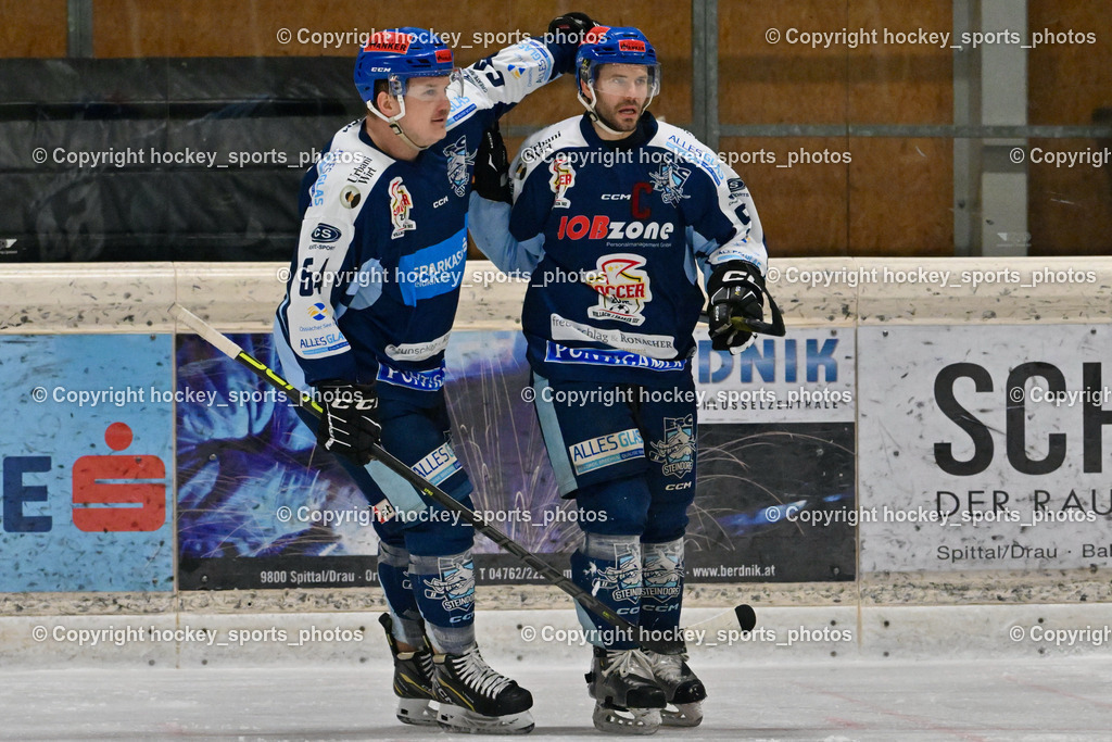 EC Hornets Spittal vs. ESC Steindorf 23.2.2024 | Jubel ESC Steindorf, #64 Stichauner Fabian ESC Steindorf, #57 Wilfan Franz ESC Steindorf, EC Hornets Spittal vs. ESC Steindorf 23.2.2024, EC Hornets Spittal vs. ESC Steindorf 23.2.2024 am 23.02.2024 in Spittal an der Drau (Eissportzentrum Spittal), Austria, (Photo by Bernd Stefan)