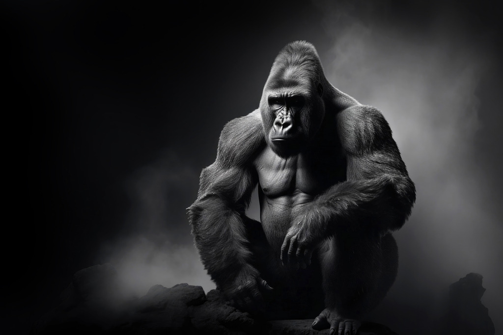10240120 - Gorilla in schwarzweiß | Ein eindrucksvolles Portrait eines Gorillas im Stil einer Fotografie.