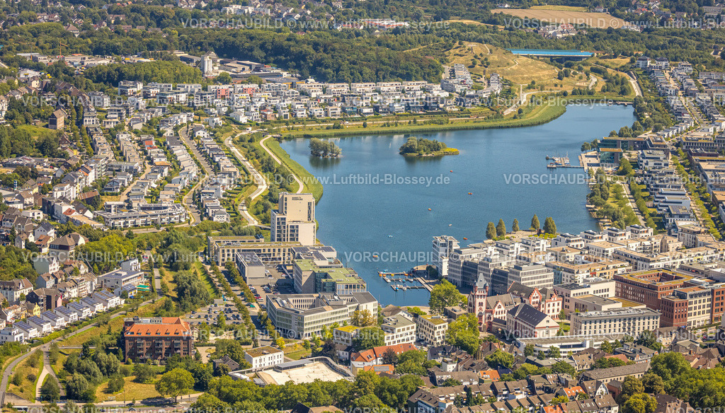 Dortmund250811530Phoenix | Luftbild, Gesamtansicht Phoenix-See mit Einfamilienhäuser Wohngebiet, Hafen mit Geschäftshäusern, exklusive Wohnanlage, Phoenix-West und Phoenix-Ost, Phoenixsee, ehemaliger Stahkwerkstandort in Dortmund-Hörde, Dortmund, Ruhrgebiet,Nordrhein-Westfalen, Deutschland