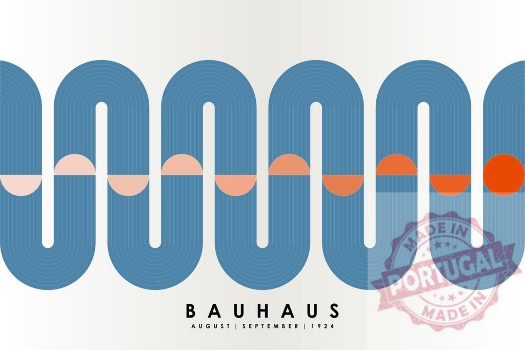 Bauhaus exhibition poster abstract geometric shapes 1924 | Bauhaus abstract wave pattern with semicircles and circles in blue and orange - Realized with Pictrs.com