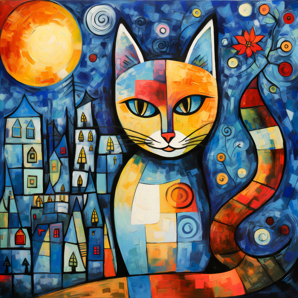 2307053 - Bunte Katze | Modernes Wandbild das an den Stil von Marc Chagall erinnert.