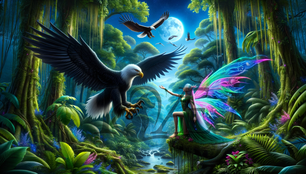 DALL_E 2023-10-06 16.11.11 - Ultra-realistic portrayal where the elven lady with neon fairy wings extends her arm towards the black griffin in a lush jungle setting. The dense fol | psy4fly - Realisiert mit Pictrs.com