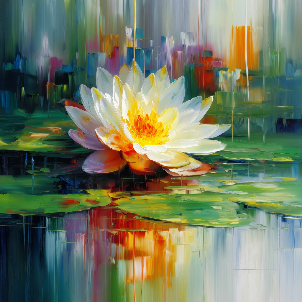2604003 - Seerosengemälde | Dieses ausdrucksstarke Wandbild zeigt eine leuchtende Seerose inmitten ruhigen Wassers, umgeben von intensiven Farben und sanften Reflexionen. Die Kombination aus natürlicher Form und abstrakter Malweise verleiht dem Motiv eine besondere Tiefe und emotionale Wirkung.