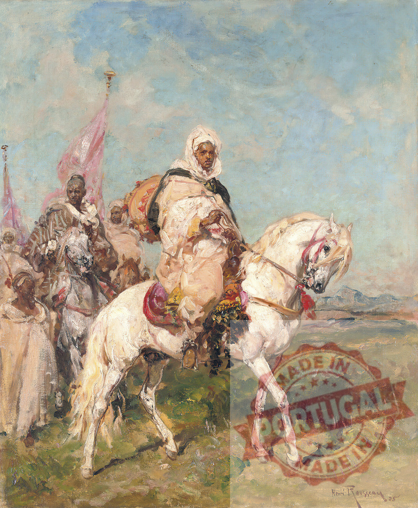 Arab horseman leading procession in North Africa. Henri Rousseau | Arab horseman riding white horse, leading a historical procession across a North African landscape - Realisiert mit Pictrs.com