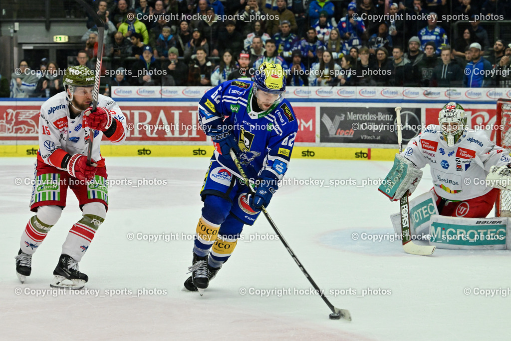 EC VSV vs. HC Bozen 16.2.2024 | #15 Miglioranzi Enrico, #62 Tyler Steenbergen, #38 Harvey Sam, EC VSV vs. HC Bozen 16.2.2024, EC VSV vs. HC Bozen 16.2.2024 am 16.02.2024 in Villach (Stadthalle Villach), Austria, (Photo by Bernd Stefan)