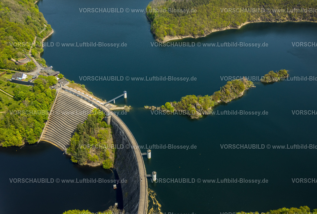 Schleiden240502035Eifel_Urfttalsperre | Luftbild, Fluss Rur Urftsee, Urfttalsperre Staumauer, Fernsicht Waldgebiet Hügel und Täler Nordeifel Nationalpark Eifel, Morsbach, Schleiden, Nordrhein-Westfalen, Deutschland