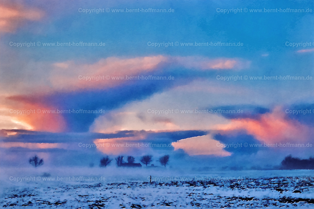 PDM2_Schneeschauer_Abend_180x120 | DIGITALKUNST. Winterhimmel. __ Eisnebel über schneebedeckten Feldern in Nordfriesland. Schneeschauer -Wolken über der nahen Nordseeküste werden von der Abendsonne in orange- rötliches Licht getaucht. __ Seitenverhältnis = 3 zu 2 - Realisiert mit Pictrs.com