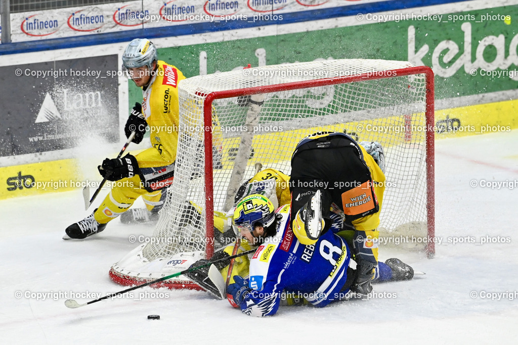 EC IDM Wärmepumpen VSV vs. Vienna Capitals | #8 Maximilian Rebernig EC VSV, #30 Sebastian Wraneschitz Vienna Capitals, #61 Zane Franklin Vienna Capitals, #55 Raphael Wolf Vienna Capitals, EC IDM Wärmepumpen VSV vs. Vienna Capitals, EC IDM Wärmepumpen VSV vs. Vienna Capitals am 28.01.2026 in Villach (Stadthalle Villach), Austria, (Photo by Bernd Stefan)