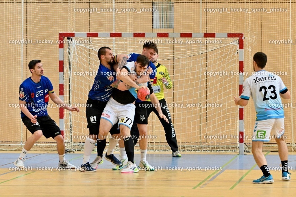 SC Ferlach vs. HSG Bärnbach/Köflach 30.3.2024 | #23 KOCBEK Jure SC Ferlach, #81 MILICEVIC Adrian SC Ferlach, #77 KREIDL Simon HSG Bärnbach, #23 Grbavac Josip HSG Bärnbach, SC Ferlach vs. HSG Bärnbach/Köflach 30.3.2024, SC Ferlach vs. HSG Bärnbach/Köflach am 30.03.2024 in Ferlach (Ballspielhalle Ferlach), Austria, (Photo by Bernd Stefan)