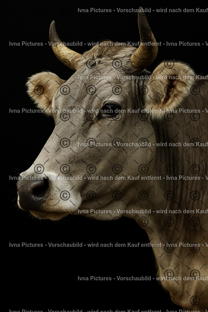 Graue Kuh im Schatten | Eine Kuh mit grauem Fell und markanten Hörnern tritt mit Kopf und Vorderkörper vor schwarzem Hintergrund hervor. Ihre ruhige Ausstrahlung und klare Präsenz verleihen dem Bild Stärke und Bodenständigkeit. - Realisiert mit Pictrs.com