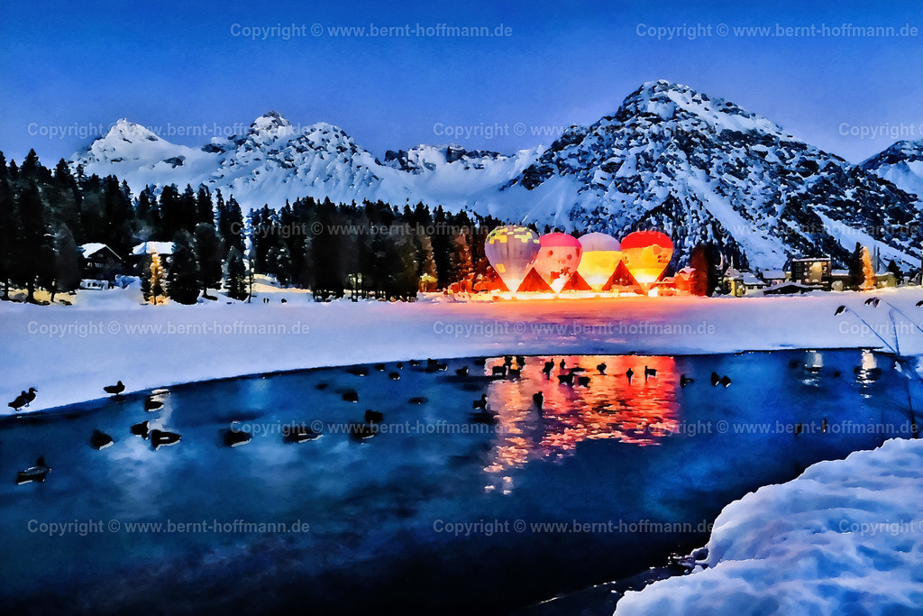 PAD2_0348_RH_Ballone_180x120 | DIGITALKUNST. Ballone in Arosa – Night Glow. __ Das " Nachtglühen " ( oder auch Glooming ) der Ballone gilt als Highlight der " Ballonwoche Arosa " die alljährlich im Januar stattfindet. __ Das Basisfoto für dieses malerisch verwandelte Werk hat der Schweizer Hobbyfotograf Rene Hinder gemacht und es Bernt Hoffmann für dessen Kunstpart zur Verfügung gestellt. __  Seitenverhältnis = 3 zu 2 - Realisiert mit Pictrs.com
