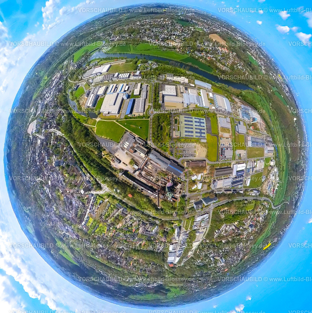 Hattingen230490833GewerbegebietHenrichshuette | Luftbild, Henrichshütte, Landschaftspark und Industriemuseum, Fluss Ruhr, Erdkugel, Fisheye Aufnahme, Fischaugen Aufnahme, 360 Grad Aufnahme, , Hattingen, Ruhrgebiet, Nordrhein-Westfalen, Deutschland
