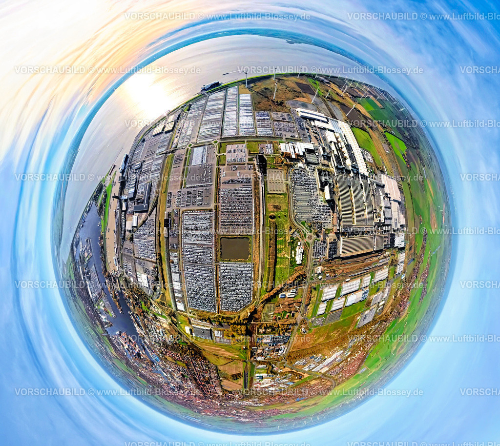Emden251104771screenshot1 | Luftbild, PKW Logistik Volkswagenwerk, Außenhafen Emden mit SFL Schiff Wolfsburg Car Carriers, Volkswagen PKW Verladestation,Fischaugenaufnahme, fish-eye Bild,  Emden, Norddeutschland, Ostfriesland, Niedersachsen, Deutschland