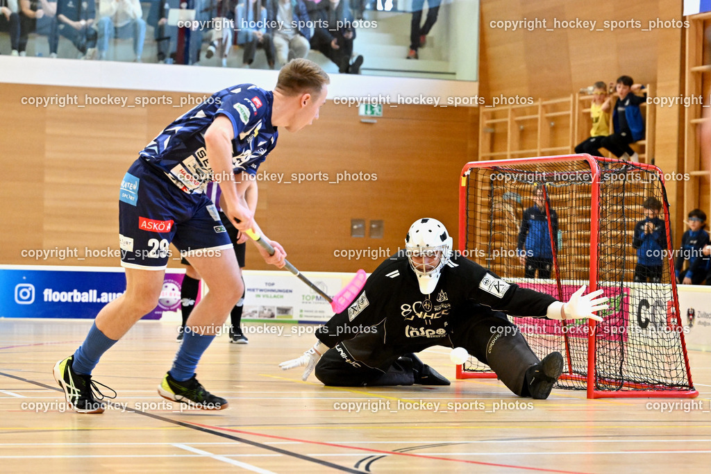 FBK Loka vs. VSV Unihockey | #29 Anze Brajic VSV Unihockey, #80 Blaz Tomazin FBK Loka, Penalty, FBK Loka vs. VSV Unihockey, FBK Loka vs. VSV Unihockey am 23.03.2025 in Villach (Ballspielhalle St. Martin), Austria, (Photo by Bernd Stefan)