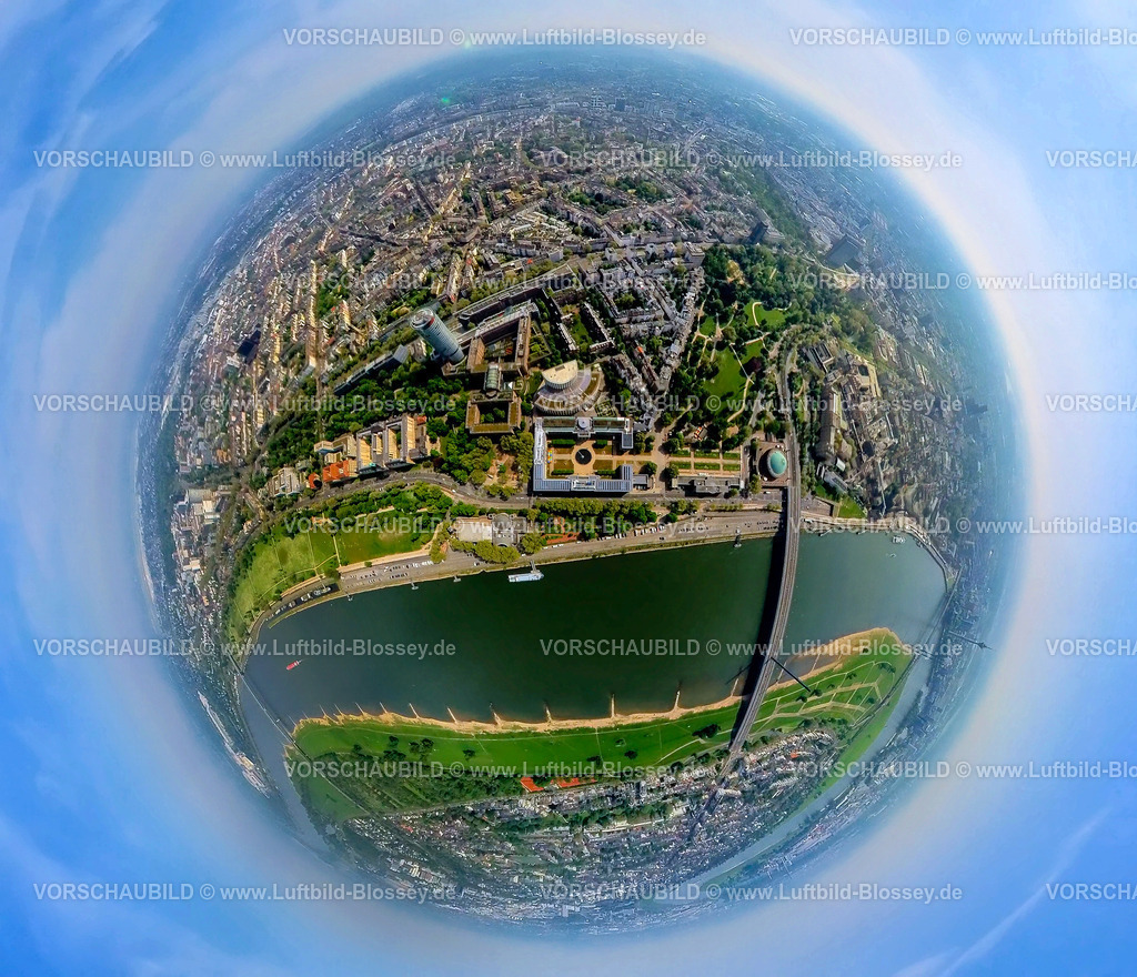 Duesseldorf240590055Kunstpalast_Rhein_Joseph-Beuys-Ufer | Luftbild, Ortsansicht Ortsteil Pempelfort, Fluss Rhein und Oberkasseler Brücke, Rheinterrasse, Kunstpalast und Tonhalle, Kunstmuseum Düsseldorf im Ehrenhof, halbrundes Gebäude Ministerium für Umwelt, Landwirtschaft, Natur- und Verbraucherschutz NRW, Ergo-Platz und Victoriahaus Turm, Erdkugel, Fisheye Aufnahme, Fischaugen Aufnahme, 360 Grad Aufnahme, tiny world, little planet, fisheye Bild, Pempelfort, Düsseldorf, Nordrhein-Westfalen, Deutschland