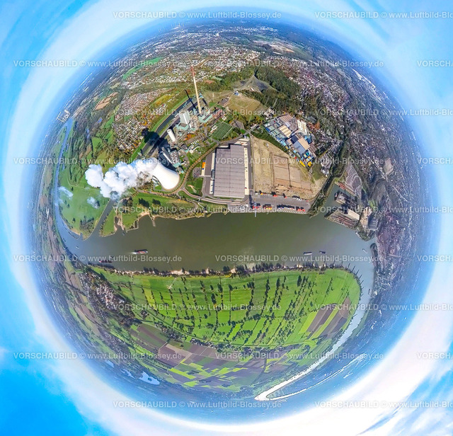 Duisburg20221006_1Logport-7 | Luftbild, Dampfendes STEAG Kraftwerk Walsum und logport VI am Fluss Rhein, Baustelle mit Neubau Logistikunternehmen DSV Halle, Fisheye Aufnahme, Fischaugen Aufnahme, 360 Grad Aufnahme, Marxloh, Duisburg, Fisheyeaufnahme, Ruhrgebiet, Nordrhein-Westfalen, Deutschland
