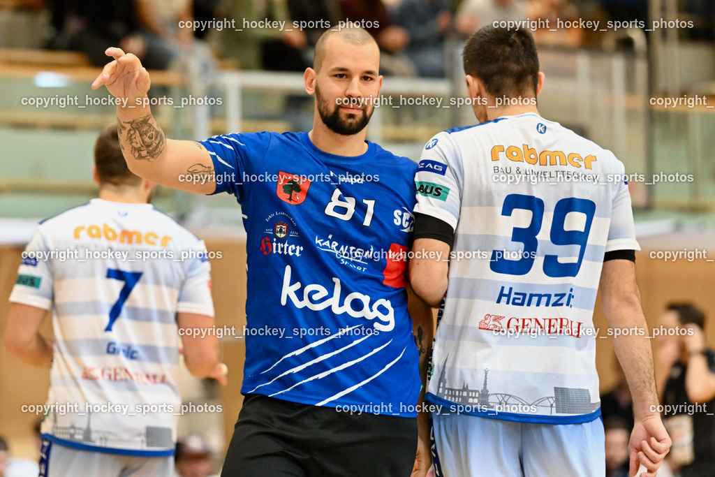 SC Ferlach vs. HC Linz AG 11.10.2023 | #81 MILICEVIC Adrian SC Ferlach, #39 HAMZIC Arnad HC LINZ, SC Ferlach vs. HC Linz AG 11.10.2023, SC Ferlach vs. HC Linz AG am 11.10.2023 in Ferlach (Ballspielhalle Ferlach), Austria, (Photo by Bernd Stefan)